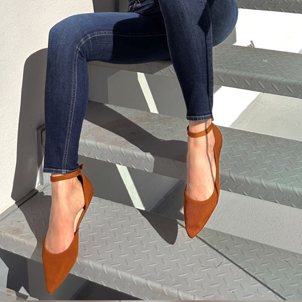 Knit Pointed Toe Ankle Strap Flats - TAN - 1